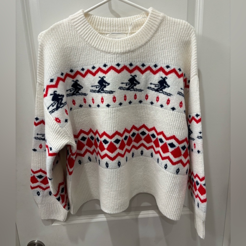 NWT SoHo & Stella White & Red Skier Nordic Patterned Sweater- S